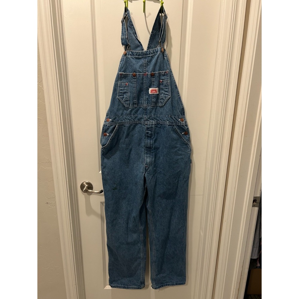 Round House Bib Overalls Mens 36x30 Stonewashed Blue Denim Workwear "Stain"